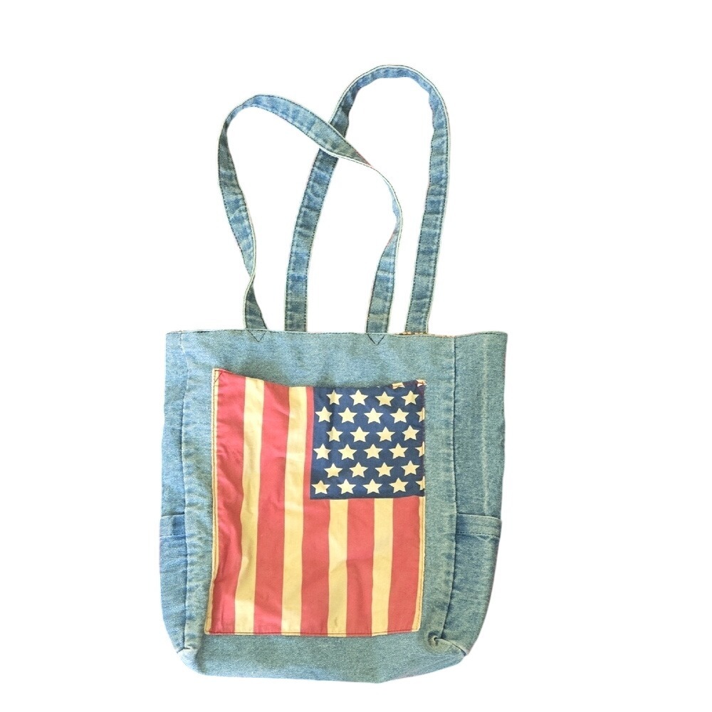 Vintage Xhilaration Denim Tote Bag American Flag USA Patch Lght Wash Cotton Tote
